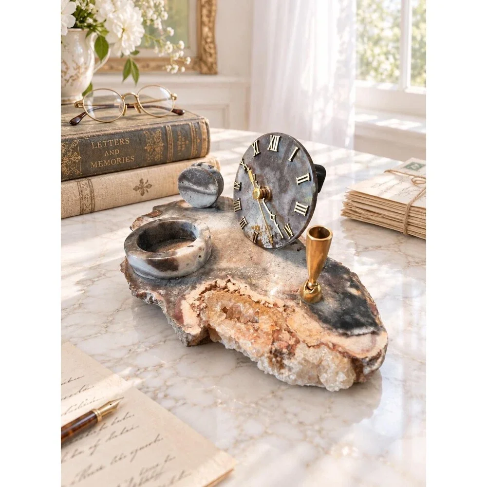 Vintage Natural Agate Stone Desk Set With Clock MCM Office Organizer